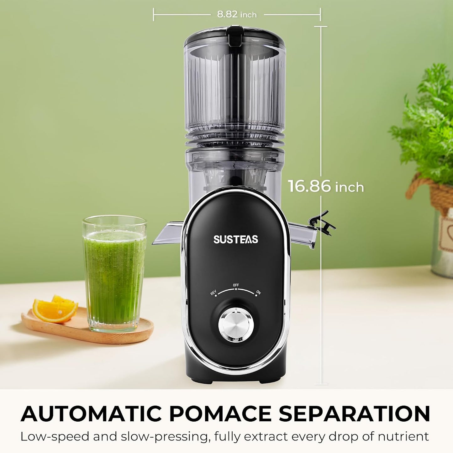 SUSTEAS Cold Press Juicer, 300W, 5.3" Large Feed Chute, 1.5L Capacity, Automatic Feeding, High Yield, Easy to Clean, Ideal for Whole Fruits & Vegetables, Black | Cold Press Juicer for 50oz Capacity Juice Extractor, High Juice Yield, Easy to Clean,Masticat