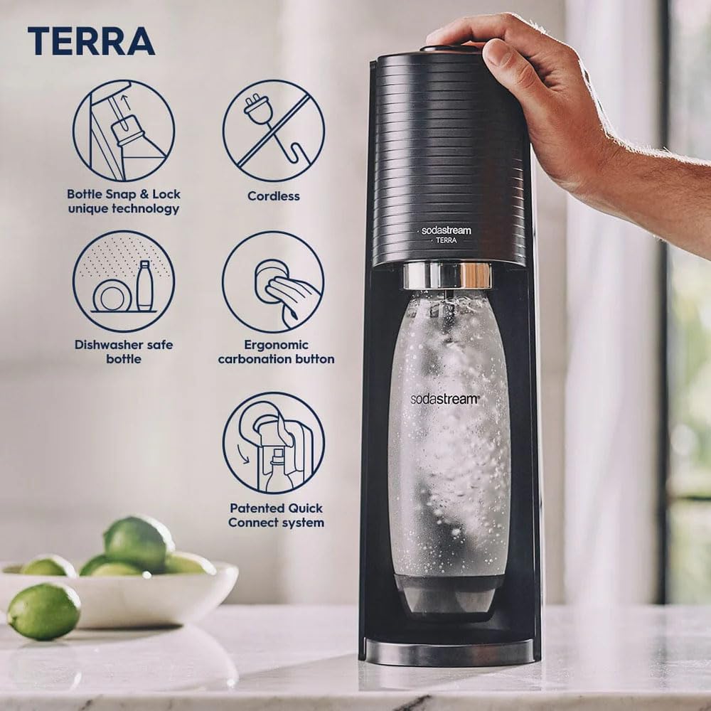 SodaStream TERRA Sparkling Water Maker, Value Bundle, CQC CO2 System, Includes 2 Quick Connect 60L CO2 Cylinders, 3 Dishwasher Safe BPA Free Bottles, 2 bubly Flavor Drops, Make your own Pepsi, Black
