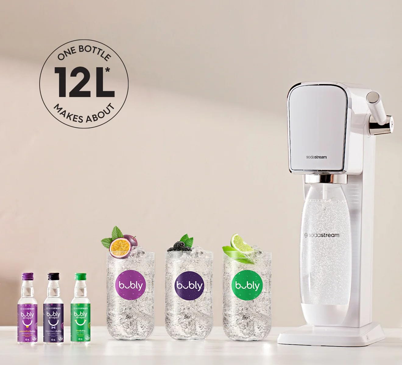 SodaStream TERRA Sparkling Water Maker, Value Bundle, CQC CO2 System, Includes 2 Quick Connect 60L CO2 Cylinders, 3 Dishwasher Safe BPA Free Bottles, 2 bubly Flavor Drops, Make your own Pepsi, Black