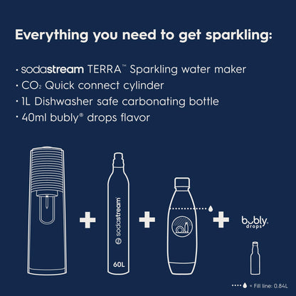 SodaStream TERRA Sparkling Water Maker, Value Bundle, CQC CO2 System, Includes 2 Quick Connect 60L CO2 Cylinders, 3 Dishwasher Safe BPA Free Bottles, 2 bubly Flavor Drops, Make your own Pepsi, Black