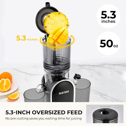 SUSTEAS Cold Press Juicer, 300W, 5.3" Large Feed Chute, 1.5L Capacity, Automatic Feeding, High Yield, Easy to Clean, Ideal for Whole Fruits & Vegetables, Black | Cold Press Juicer for 50oz Capacity Juice Extractor, High Juice Yield, Easy to Clean，Masticat