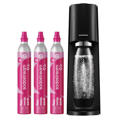 SodaStream TERRA Sparkling Water Maker, Value Bundle, CQC CO2 System, Includes 2 Quick Connect 60L CO2 Cylinders, 3 Dishwasher Safe BPA Free Bottles, 2 bubly Flavor Drops, Make your own Pepsi, Black