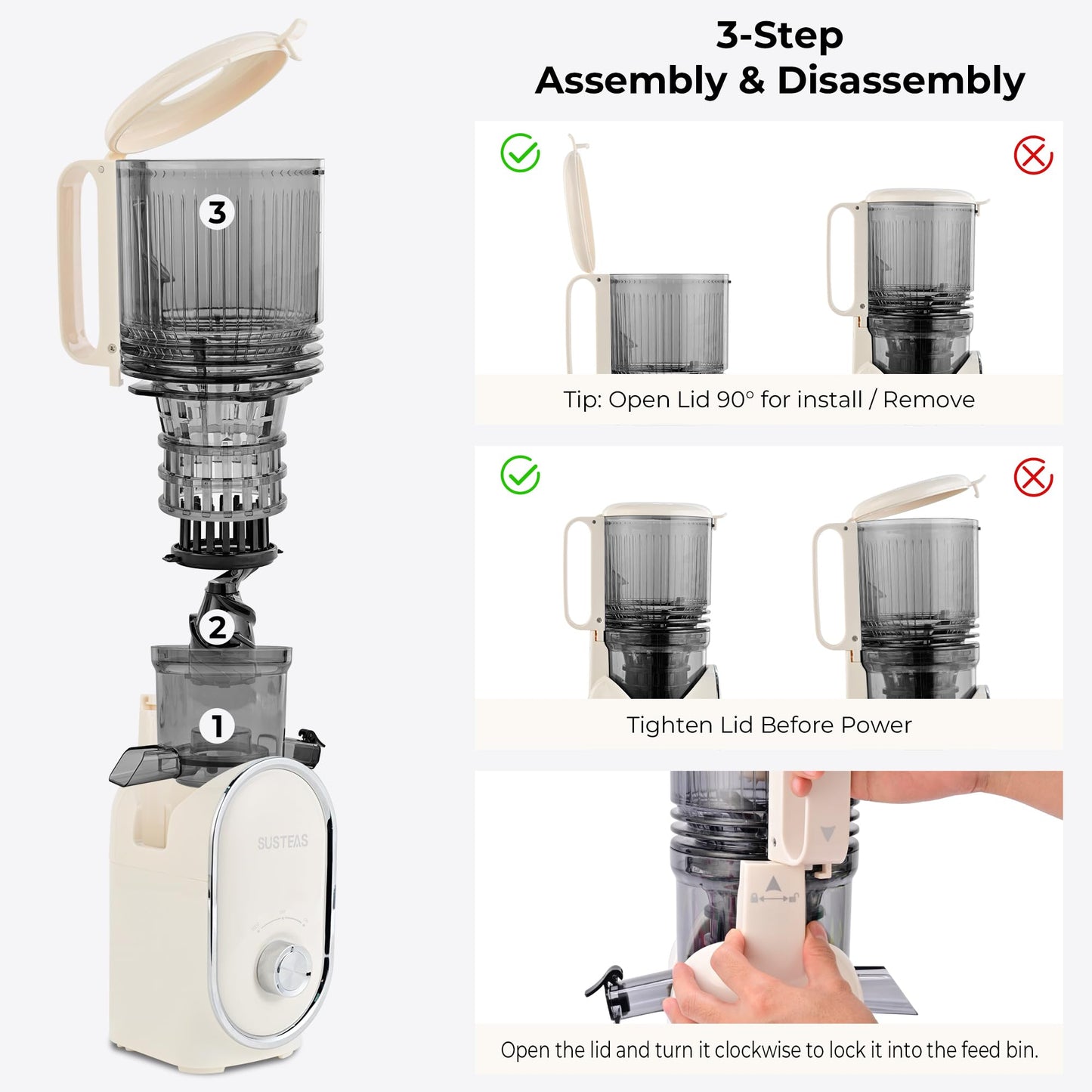 SUSTEAS Cold Press Juicer, 300W, 5.3" Large Feed Chute, 1.5L Capacity, Automatic Feeding, High Yield, Easy to Clean, Ideal for Whole Fruits & Vegetables, Black | Cold Press Juicer for 50oz Capacity Juice Extractor, High Juice Yield, Easy to Clean，Masticat
