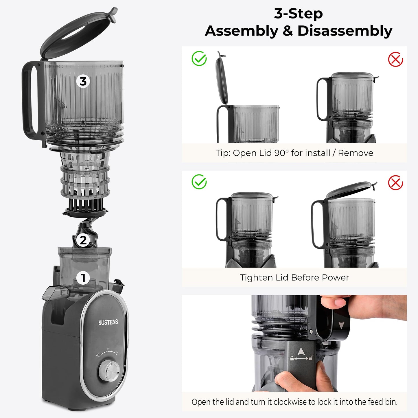 SUSTEAS Cold Press Juicer, 300W, 5.3" Large Feed Chute, 1.5L Capacity, Automatic Feeding, High Yield, Easy to Clean, Ideal for Whole Fruits & Vegetables, Black | Cold Press Juicer for 50oz Capacity Juice Extractor, High Juice Yield, Easy to Clean，Masticat