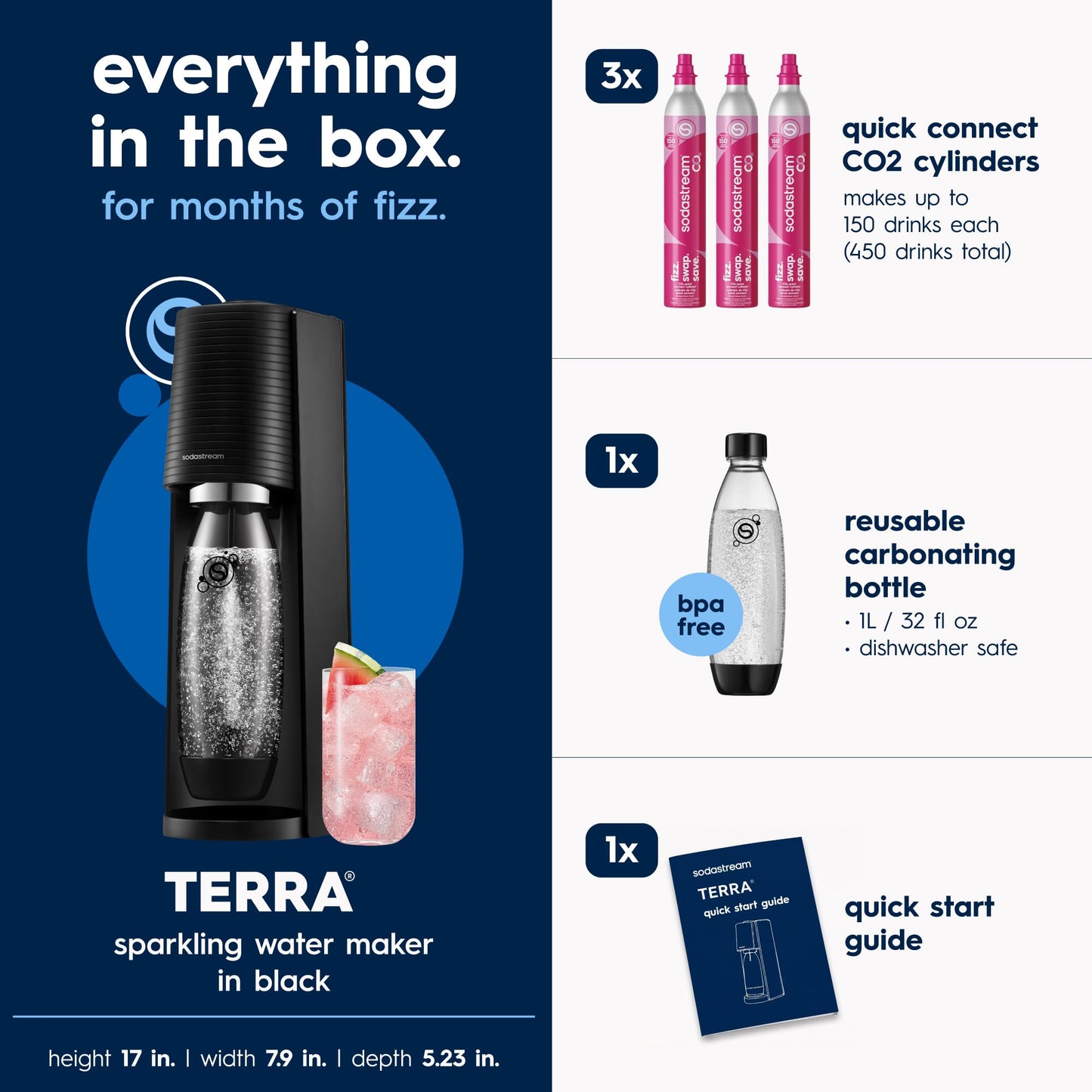 SodaStream TERRA Sparkling Water Maker, Value Bundle, CQC CO2 System, Includes 2 Quick Connect 60L CO2 Cylinders, 3 Dishwasher Safe BPA Free Bottles, 2 bubly Flavor Drops, Make your own Pepsi, Black