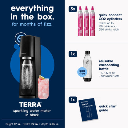 SodaStream TERRA Sparkling Water Maker, Value Bundle, CQC CO2 System, Includes 2 Quick Connect 60L CO2 Cylinders, 3 Dishwasher Safe BPA Free Bottles, 2 bubly Flavor Drops, Make your own Pepsi, Black