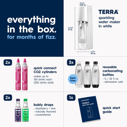 SodaStream TERRA Sparkling Water Maker, Value Bundle, CQC CO2 System, Includes 2 Quick Connect 60L CO2 Cylinders, 3 Dishwasher Safe BPA Free Bottles, 2 bubly Flavor Drops, Make your own Pepsi, Black