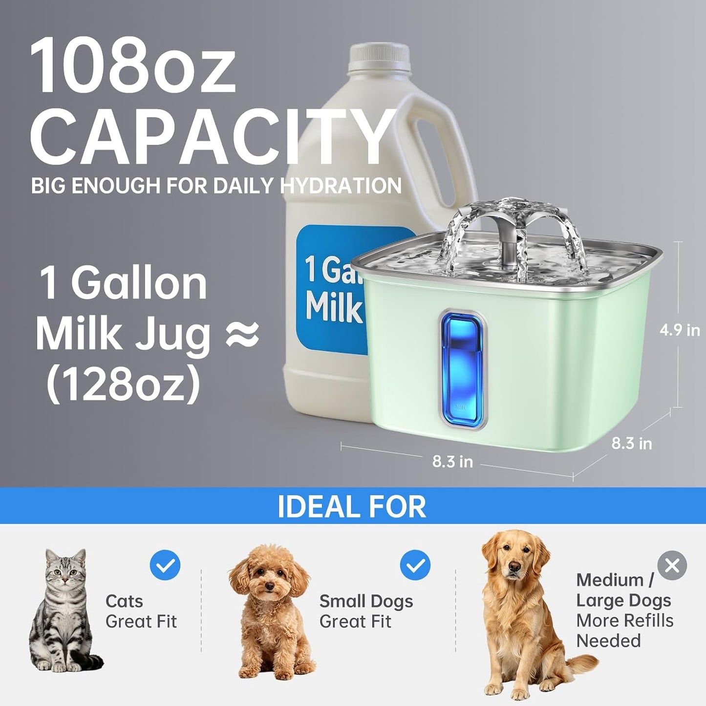 Veken Innovation Award Winner Stainless Steel Cat Water Fountain, 108oz/3.2L Automatic Pet Fountain Dog Water Dispenser with 6 Replacement Filters & Silicone Mat for Cats, Dogs, Multiple Pets (Silver)