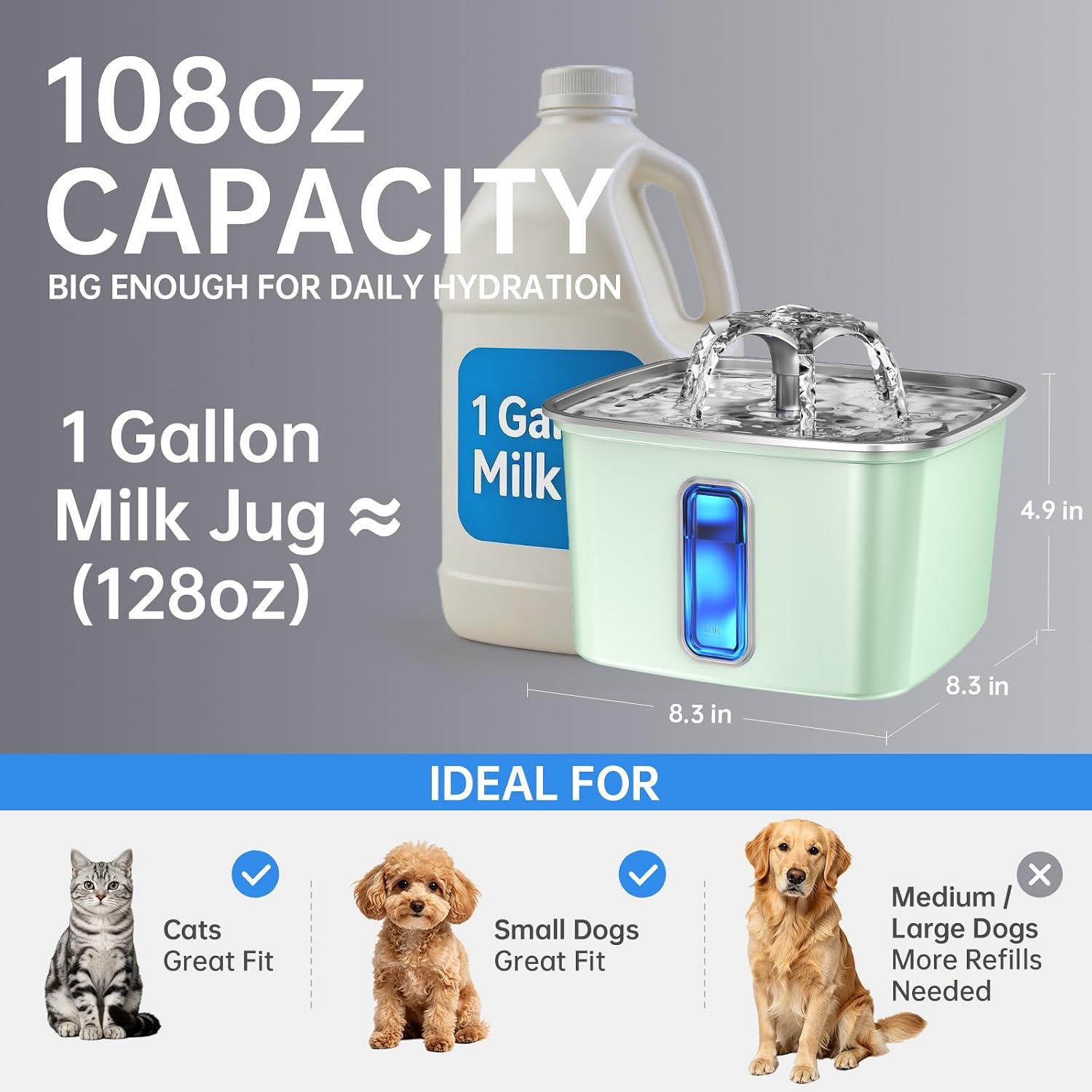 Veken Innovation Award Winner Stainless Steel Cat Water Fountain, 108oz/3.2L Automatic Pet Fountain Dog Water Dispenser with 6 Replacement Filters & Silicone Mat for Cats, Dogs, Multiple Pets (Silver)