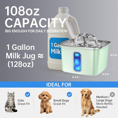 Veken Innovation Award Winner Stainless Steel Cat Water Fountain, 108oz/3.2L Automatic Pet Fountain Dog Water Dispenser with 6 Replacement Filters & Silicone Mat for Cats, Dogs, Multiple Pets (Silver)