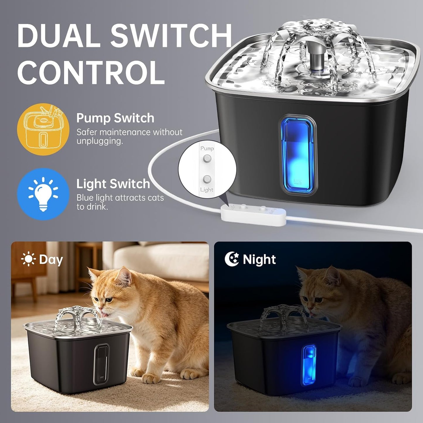 Veken Innovation Award Winner Stainless Steel Cat Water Fountain, 108oz/3.2L Automatic Pet Fountain Dog Water Dispenser with 6 Replacement Filters & Silicone Mat for Cats, Dogs, Multiple Pets (Silver)