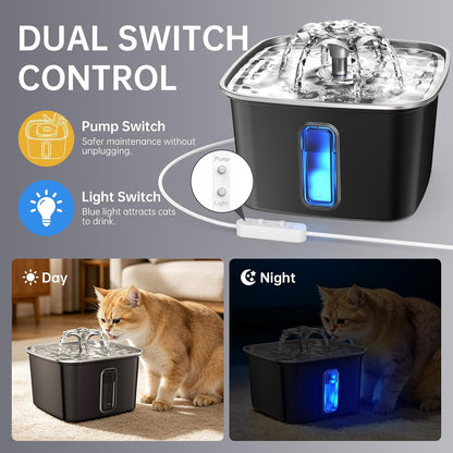 Veken Innovation Award Winner Stainless Steel Cat Water Fountain, 108oz/3.2L Automatic Pet Fountain Dog Water Dispenser with 6 Replacement Filters & Silicone Mat for Cats, Dogs, Multiple Pets (Silver)