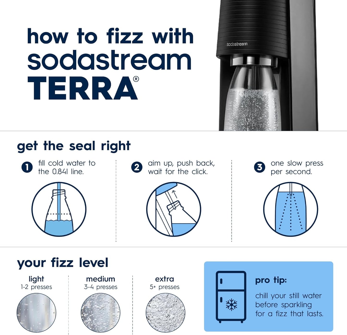 SodaStream TERRA Sparkling Water Maker, Value Bundle, CQC CO2 System, Includes 2 Quick Connect 60L CO2 Cylinders, 3 Dishwasher Safe BPA Free Bottles, 2 bubly Flavor Drops, Make your own Pepsi, Black