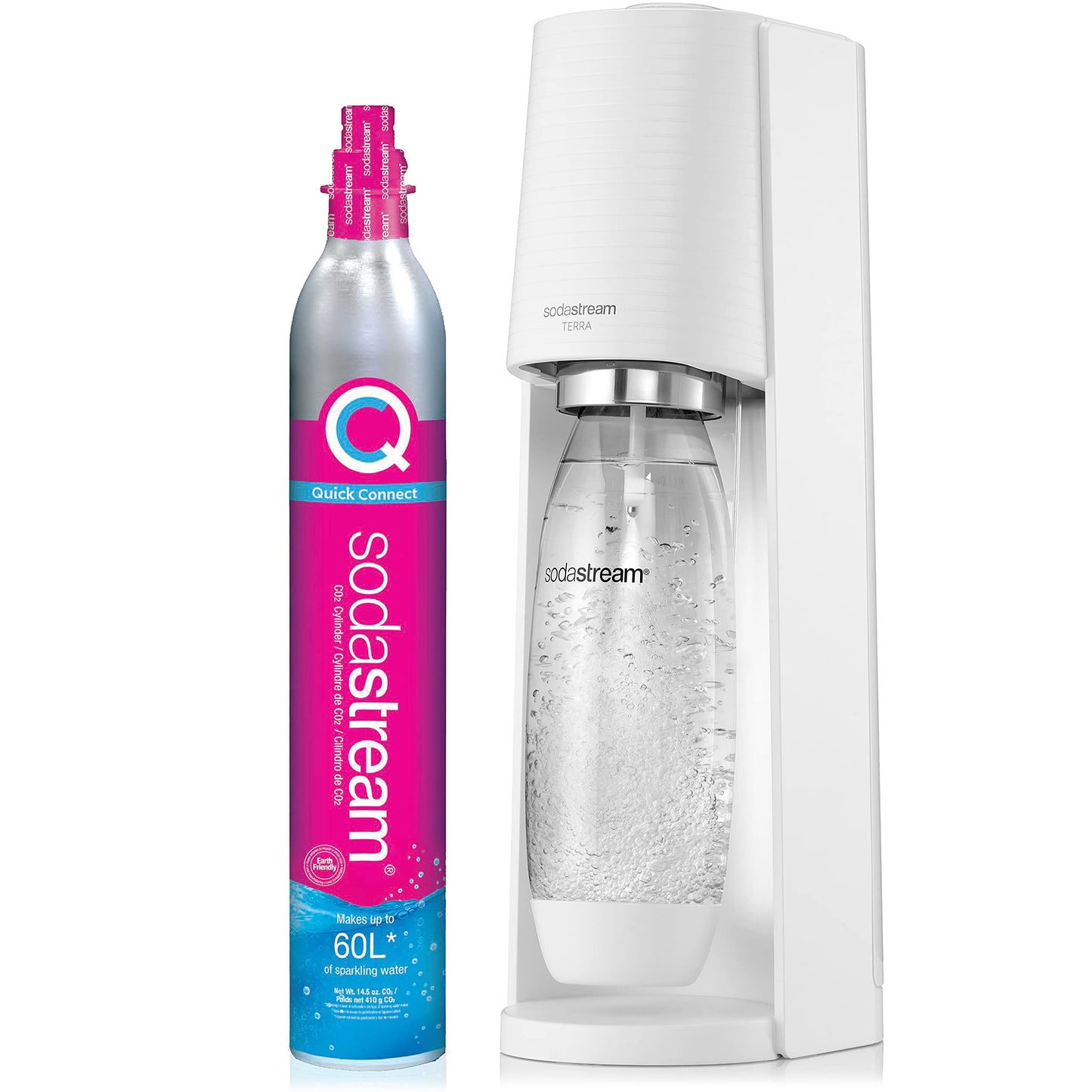 SodaStream TERRA Sparkling Water Maker, Value Bundle, CQC CO2 System, Includes 2 Quick Connect 60L CO2 Cylinders, 3 Dishwasher Safe BPA Free Bottles, 2 bubly Flavor Drops, Make your own Pepsi, Black