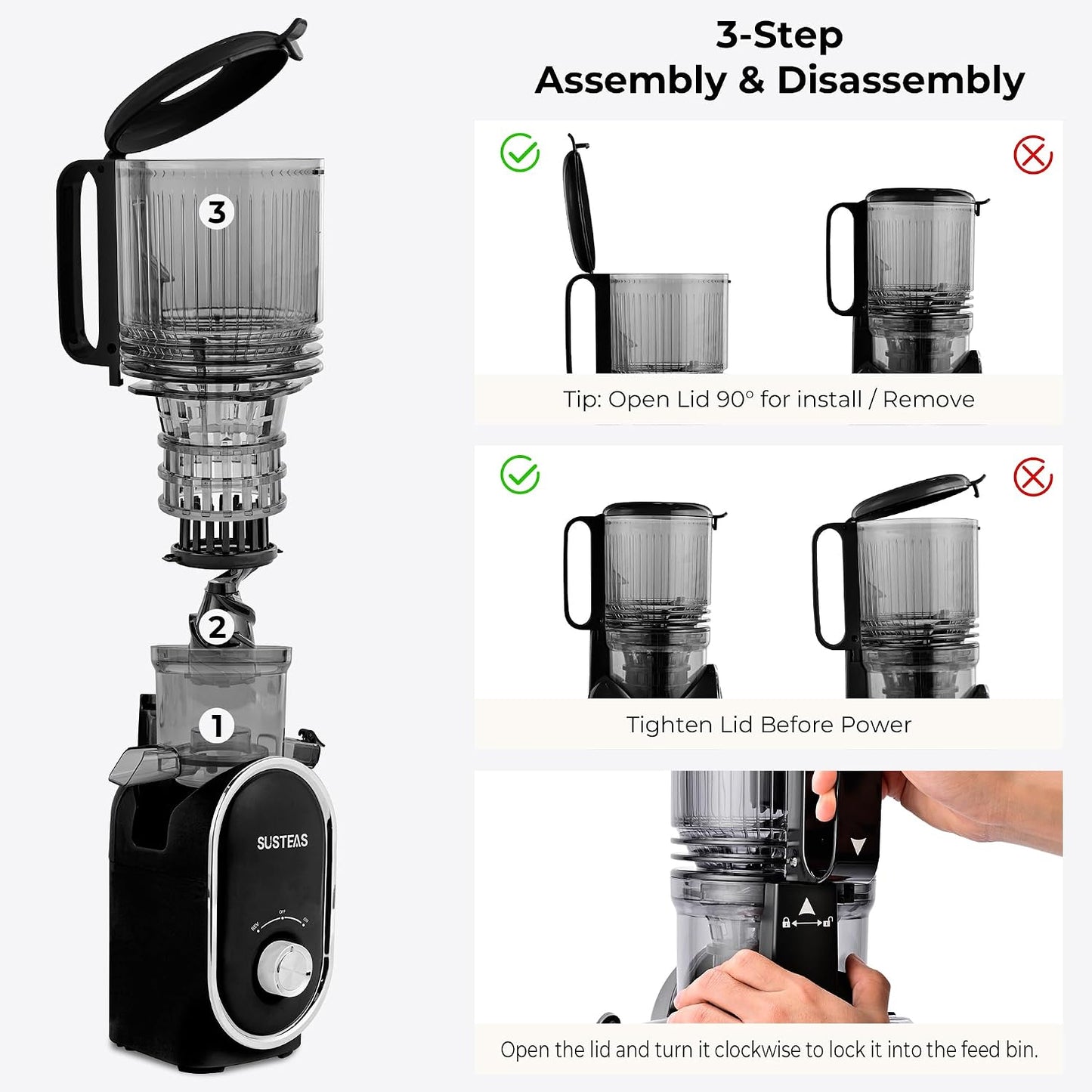 SUSTEAS Cold Press Juicer, 300W, 5.3" Large Feed Chute, 1.5L Capacity, Automatic Feeding, High Yield, Easy to Clean, Ideal for Whole Fruits & Vegetables, Black | Cold Press Juicer for 50oz Capacity Juice Extractor, High Juice Yield, Easy to Clean，Masticat