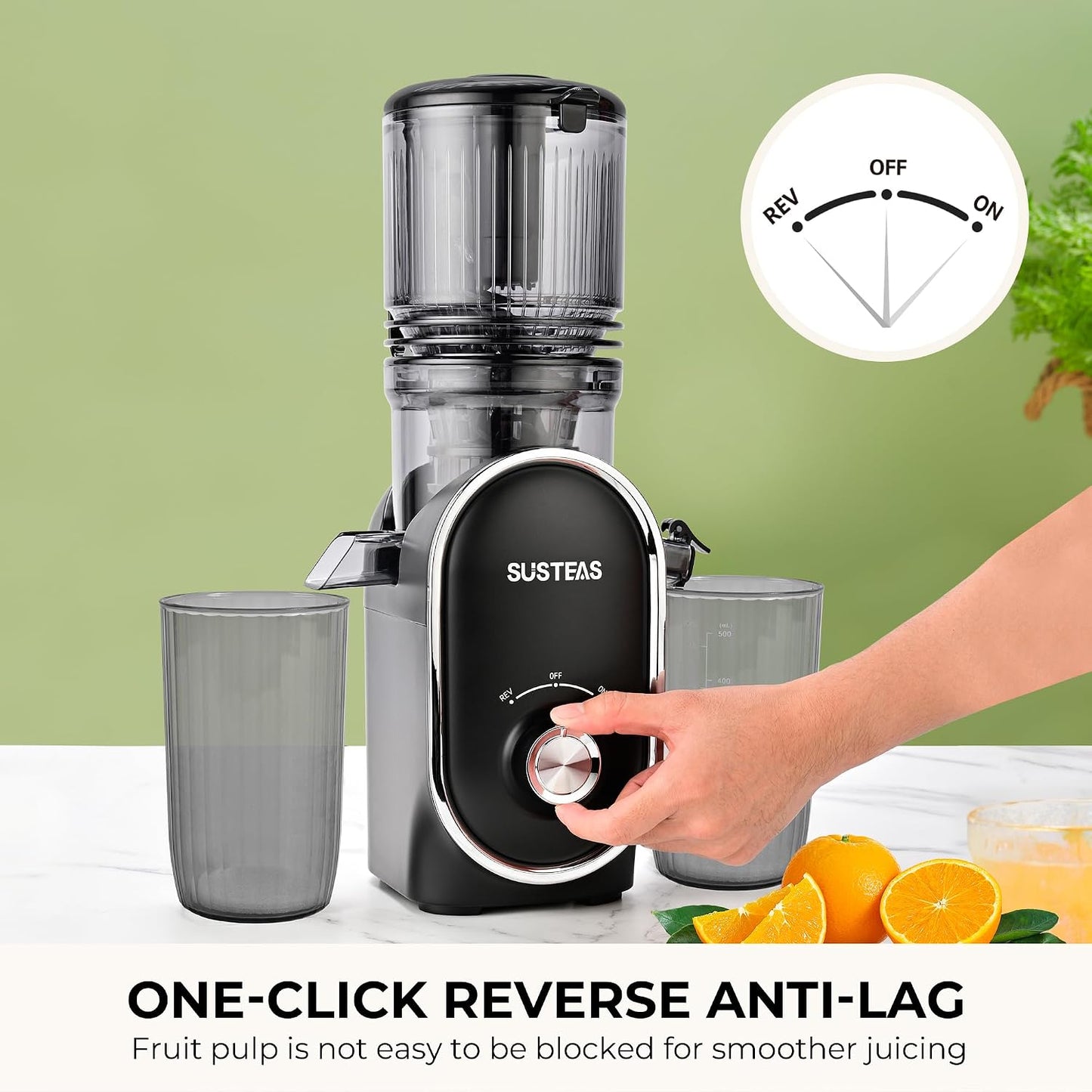 SUSTEAS Cold Press Juicer, 300W, 5.3" Large Feed Chute, 1.5L Capacity, Automatic Feeding, High Yield, Easy to Clean, Ideal for Whole Fruits & Vegetables, Black | Cold Press Juicer for 50oz Capacity Juice Extractor, High Juice Yield, Easy to Clean，Masticat