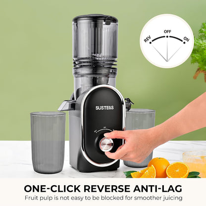 SUSTEAS Cold Press Juicer, 300W, 5.3" Large Feed Chute, 1.5L Capacity, Automatic Feeding, High Yield, Easy to Clean, Ideal for Whole Fruits & Vegetables, Black | Cold Press Juicer for 50oz Capacity Juice Extractor, High Juice Yield, Easy to Clean，Masticat