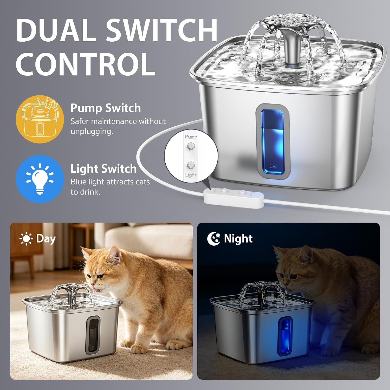 Veken Innovation Award Winner Stainless Steel Cat Water Fountain, 108oz/3.2L Automatic Pet Fountain Dog Water Dispenser with 6 Replacement Filters & Silicone Mat for Cats, Dogs, Multiple Pets (Silver)