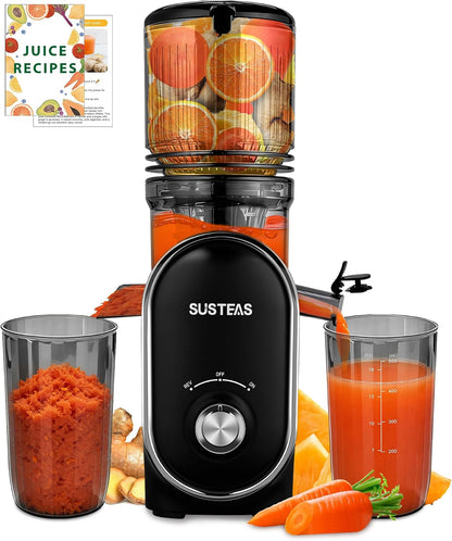 SUSTEAS Cold Press Juicer, 300W, 5.3" Large Feed Chute, 1.5L Capacity, Automatic Feeding, High Yield, Easy to Clean, Ideal for Whole Fruits & Vegetables, Black | Cold Press Juicer for 50oz Capacity Juice Extractor, High Juice Yield, Easy to Clean，Masticat