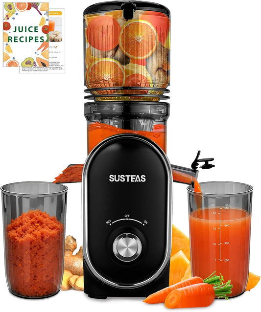 SUSTEAS Cold Press Juicer, 300W, 5.3" Large Feed Chute, 1.5L Capacity, Automatic Feeding, High Yield, Easy to Clean, Ideal for Whole Fruits & Vegetables, Black | Cold Press Juicer for 50oz Capacity Juice Extractor, High Juice Yield, Easy to Clean，Masticat
