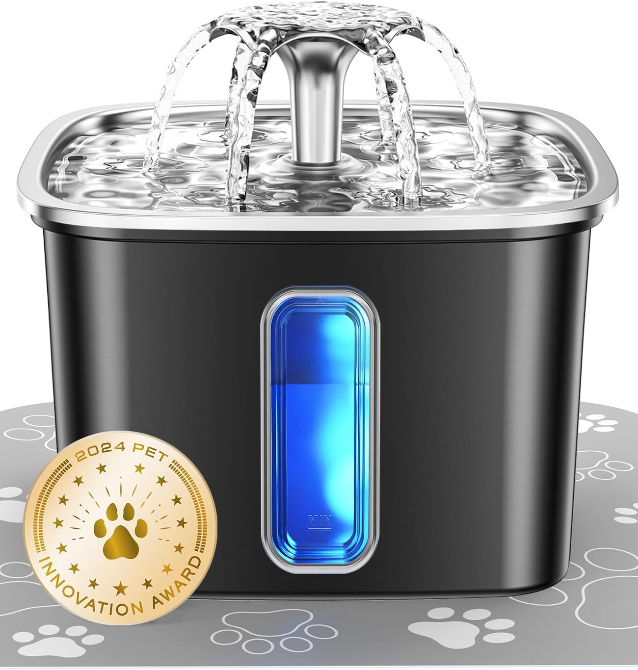 Veken Innovation Award Winner Stainless Steel Cat Water Fountain, 108oz/3.2L Automatic Pet Fountain Dog Water Dispenser with 6 Replacement Filters & Silicone Mat for Cats, Dogs, Multiple Pets (Silver)
