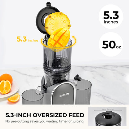 SUSTEAS Cold Press Juicer, 300W, 5.3" Large Feed Chute, 1.5L Capacity, Automatic Feeding, High Yield, Easy to Clean, Ideal for Whole Fruits & Vegetables, Black | Cold Press Juicer for 50oz Capacity Juice Extractor, High Juice Yield, Easy to Clean，Masticat