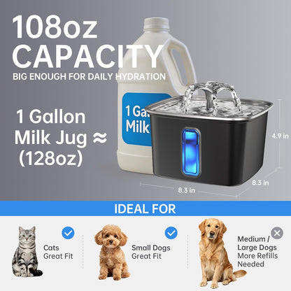 Veken Innovation Award Winner Stainless Steel Cat Water Fountain, 108oz/3.2L Automatic Pet Fountain Dog Water Dispenser with 6 Replacement Filters & Silicone Mat for Cats, Dogs, Multiple Pets (Silver)