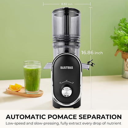 SUSTEAS Cold Press Juicer, 300W, 5.3" Large Feed Chute, 1.5L Capacity, Automatic Feeding, High Yield, Easy to Clean, Ideal for Whole Fruits & Vegetables, Black | Cold Press Juicer for 50oz Capacity Juice Extractor, High Juice Yield, Easy to Clean，Masticat