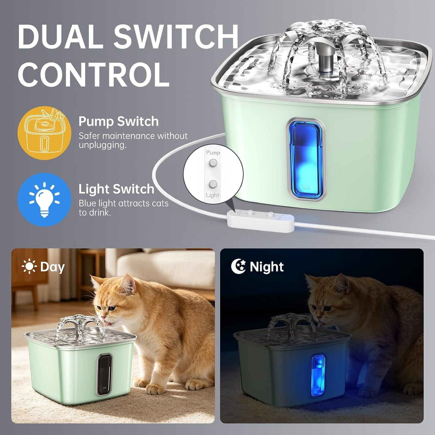 Veken Innovation Award Winner Stainless Steel Cat Water Fountain, 108oz/3.2L Automatic Pet Fountain Dog Water Dispenser with 6 Replacement Filters & Silicone Mat for Cats, Dogs, Multiple Pets (Silver)