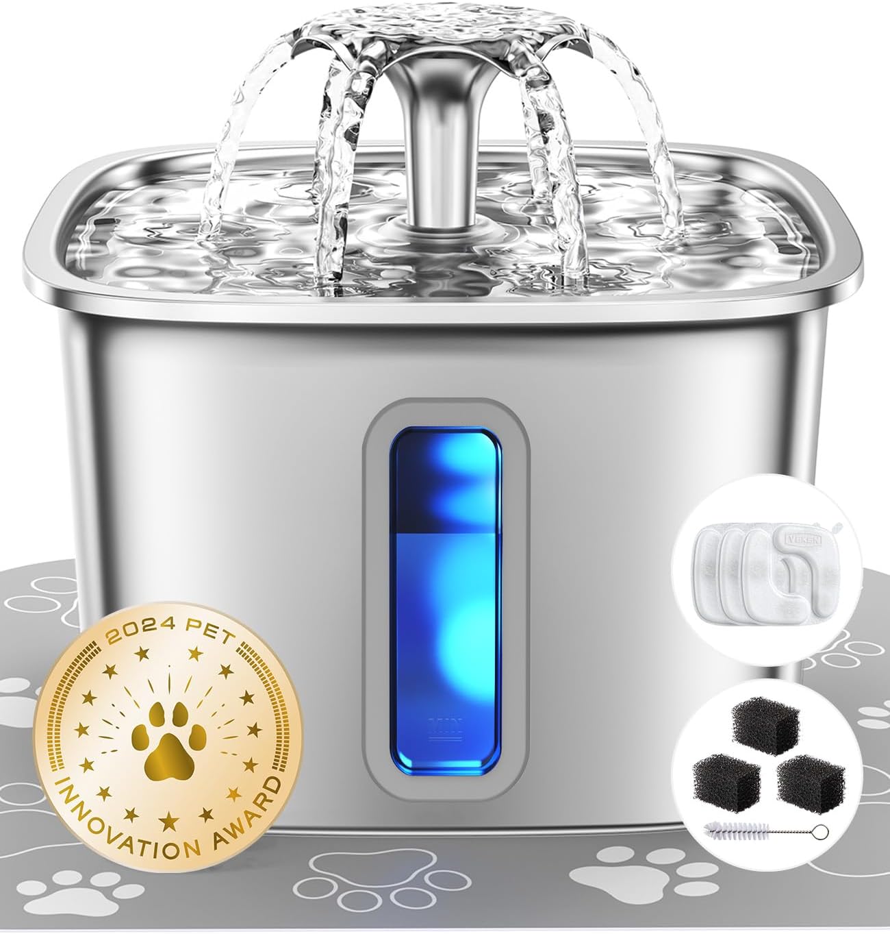Veken Innovation Award Winner Stainless Steel Cat Water Fountain, 108oz/3.2L Automatic Pet Fountain Dog Water Dispenser with 6 Replacement Filters & Silicone Mat for Cats, Dogs, Multiple Pets (Silver)