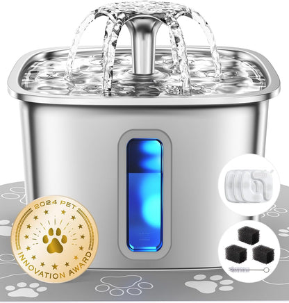 Veken Innovation Award Winner Stainless Steel Cat Water Fountain, 108oz/3.2L Automatic Pet Fountain Dog Water Dispenser with 6 Replacement Filters & Silicone Mat for Cats, Dogs, Multiple Pets (Silver)