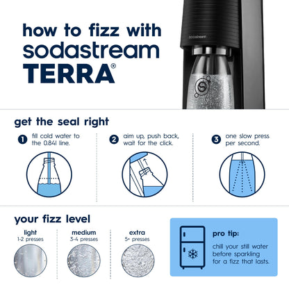 SodaStream TERRA Sparkling Water Maker, Value Bundle, CQC CO2 System, Includes 2 Quick Connect 60L CO2 Cylinders, 3 Dishwasher Safe BPA Free Bottles, 2 bubly Flavor Drops, Make your own Pepsi, Black