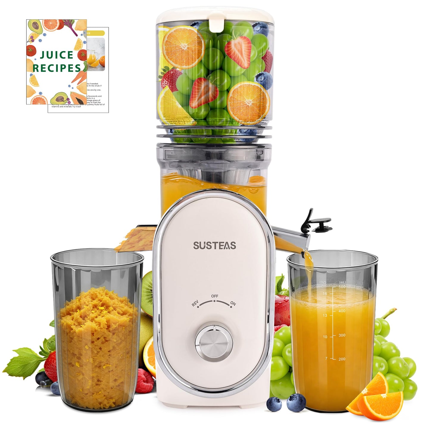 SUSTEAS Cold Press Juicer, 300W, 5.3" Large Feed Chute, 1.5L Capacity, Automatic Feeding, High Yield, Easy to Clean, Ideal for Whole Fruits & Vegetables, Black | Cold Press Juicer for 50oz Capacity Juice Extractor, High Juice Yield, Easy to Clean，Masticat