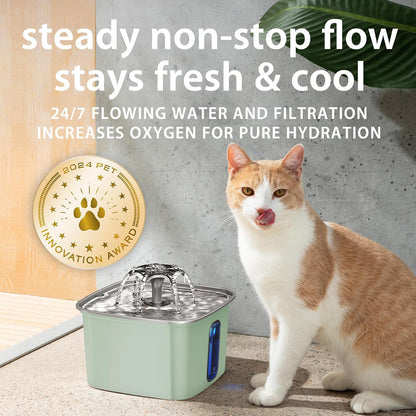 Veken Innovation Award Winner Stainless Steel Cat Water Fountain, 108oz/3.2L Automatic Pet Fountain Dog Water Dispenser with 6 Replacement Filters & Silicone Mat for Cats, Dogs, Multiple Pets (Silver)