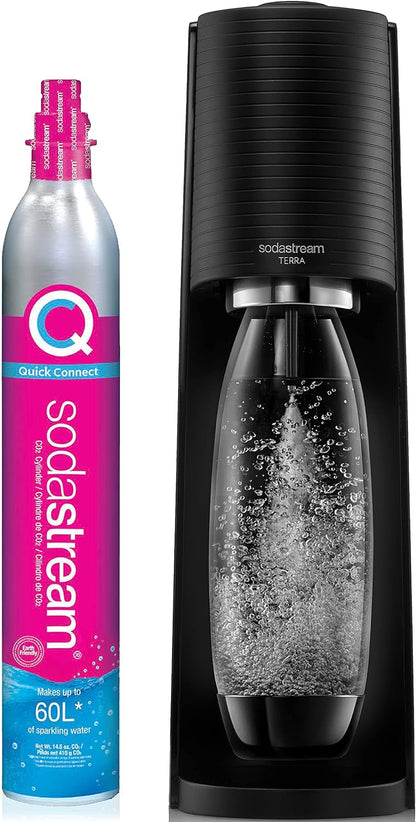 SodaStream TERRA Sparkling Water Maker, Value Bundle, CQC CO2 System, Includes 2 Quick Connect 60L CO2 Cylinders, 3 Dishwasher Safe BPA Free Bottles, 2 bubly Flavor Drops, Make your own Pepsi, Black