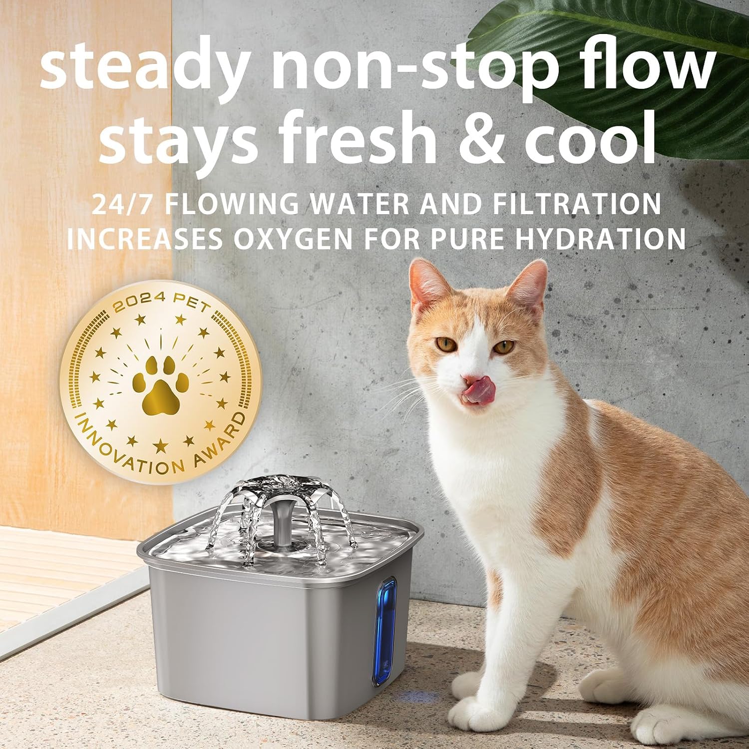 Veken Innovation Award Winner Stainless Steel Cat Water Fountain, 108oz/3.2L Automatic Pet Fountain Dog Water Dispenser with 6 Replacement Filters & Silicone Mat for Cats, Dogs, Multiple Pets (Silver)