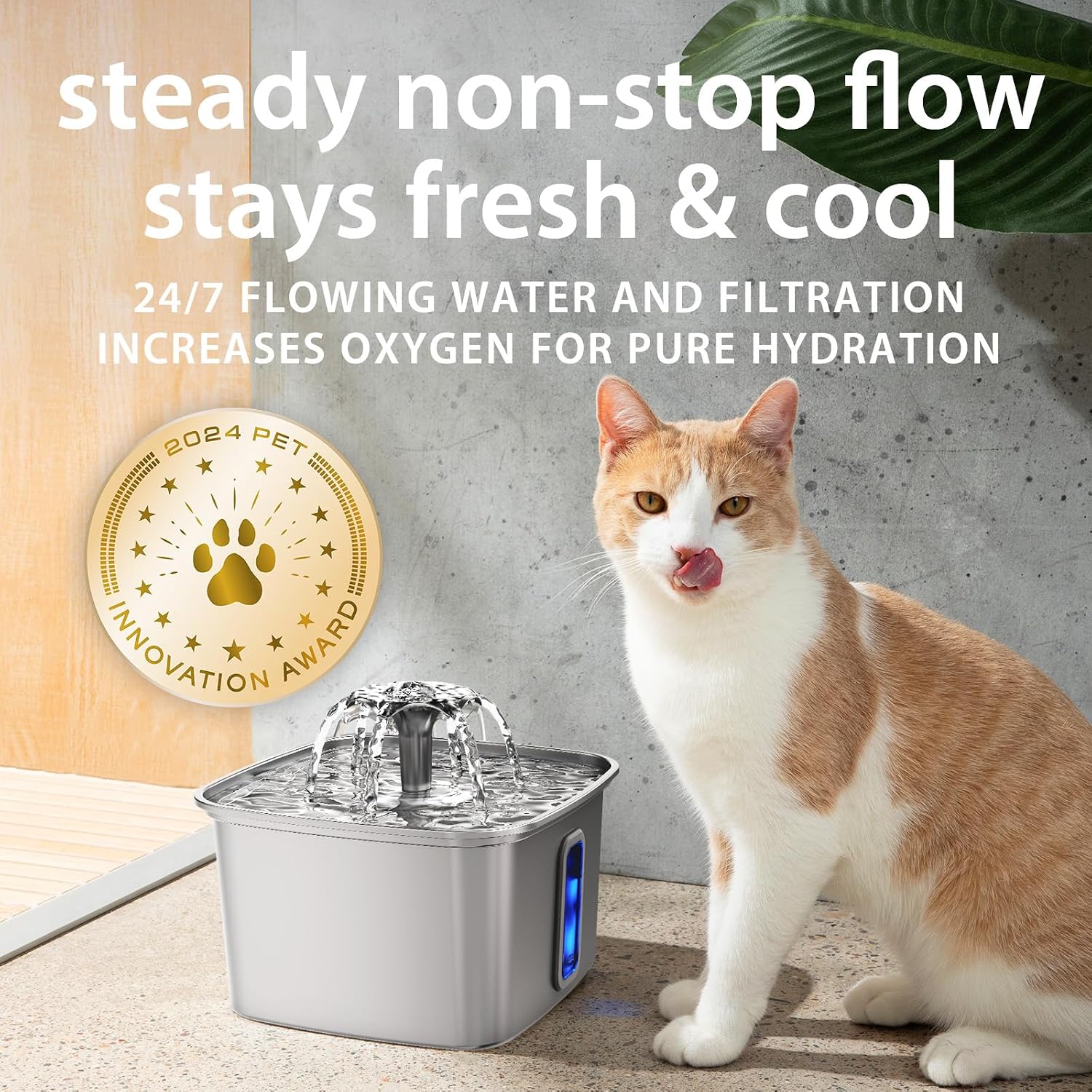 Veken Innovation Award Winner Stainless Steel Cat Water Fountain, 108oz/3.2L Automatic Pet Fountain Dog Water Dispenser with 6 Replacement Filters & Silicone Mat for Cats, Dogs, Multiple Pets (Silver)