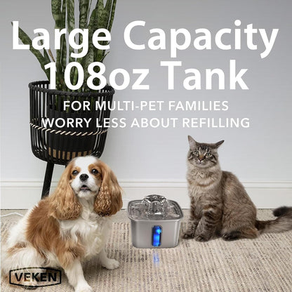 Veken Innovation Award Winner Stainless Steel Cat Water Fountain, 108oz/3.2L Automatic Pet Fountain Dog Water Dispenser with 6 Replacement Filters & Silicone Mat for Cats, Dogs, Multiple Pets (Silver)